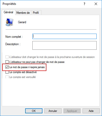 Propriétés du compte utilisateur